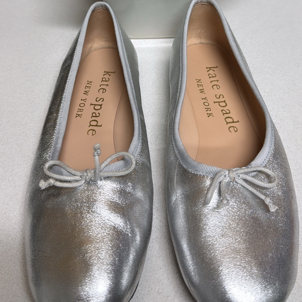 Kate Spade Silver Metallic Flats with Bow Detail